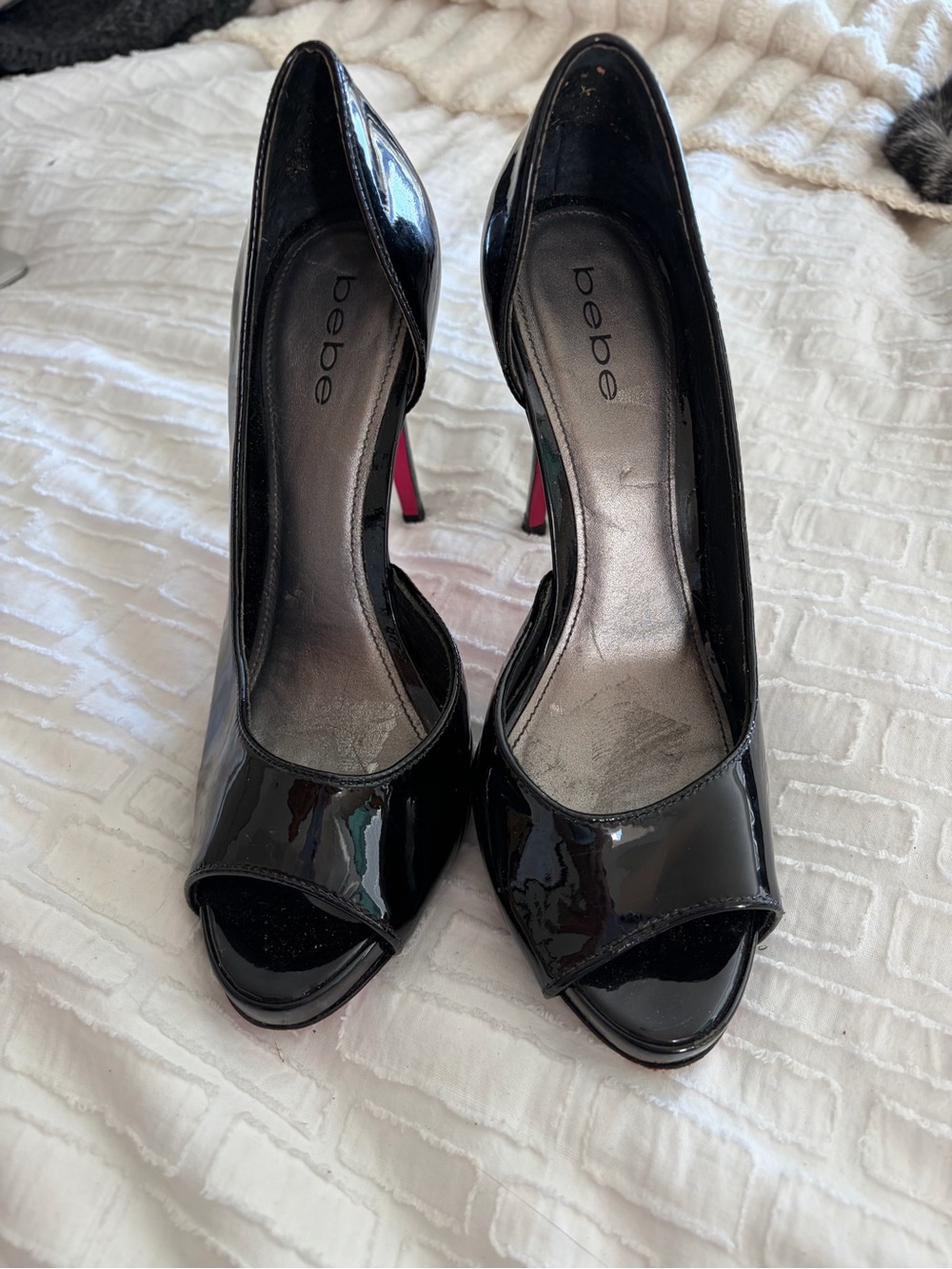 bebe Black Patent Peep-Toe Pumps with Pink Stiletto Heel